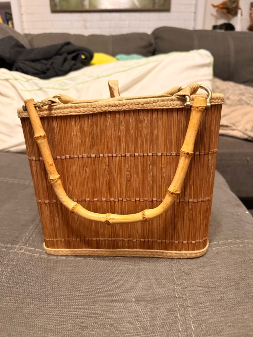 Woven Bamboo-Handle Mini Bag in Natural Brown